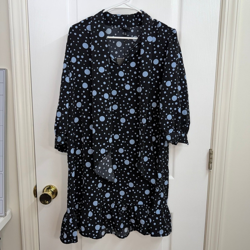 NEW Who What Wear black blue polka dotted neck tie v-neck ruffle mini dress S